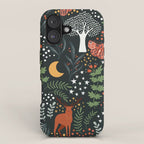 Full-Moon forest: Whimsical Woodland Nightscape with Deer and Moths iPhone Case Gallery Image 1