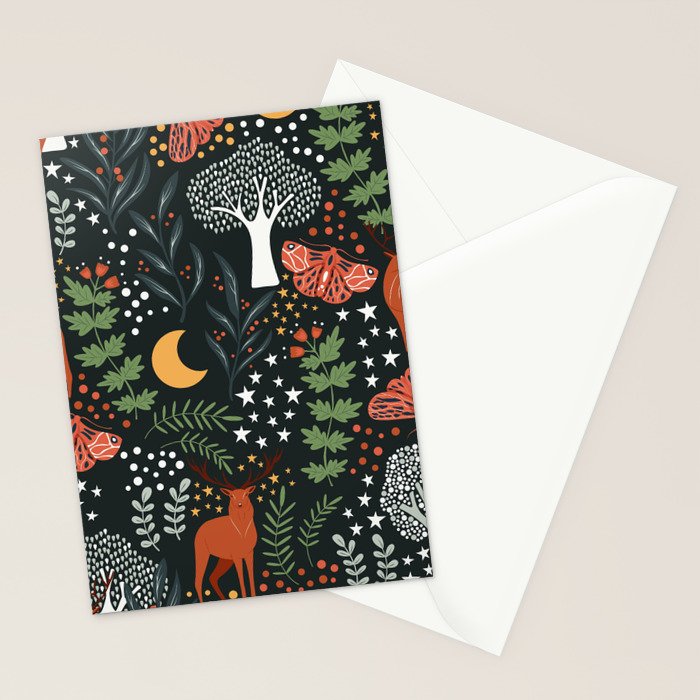 Full-Moon forest: Whimsical Woodland Nightscape with Deer and Moths Stationery Card Gallery Image 2