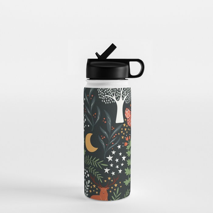Full-Moon forest: Whimsical Woodland Nightscape with Deer and Moths Water Bottle