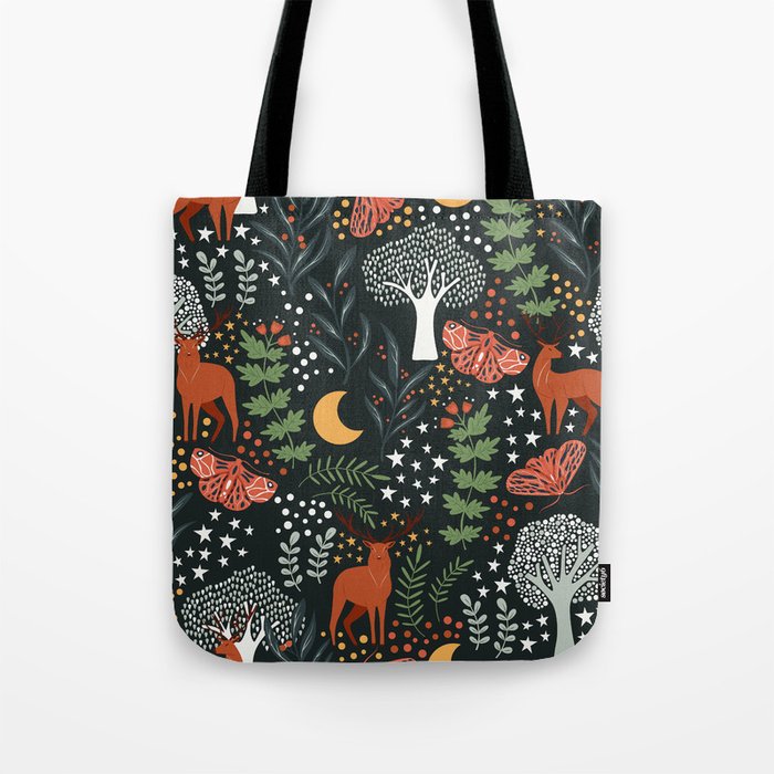 Full-Moon forest: Whimsical Woodland Nightscape with Deer and Moths Tote Bag Gallery Image 1