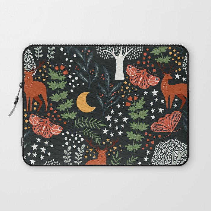 Full-Moon forest: Whimsical Woodland Nightscape with Deer and Moths Laptop Sleeve Gallery Image 1