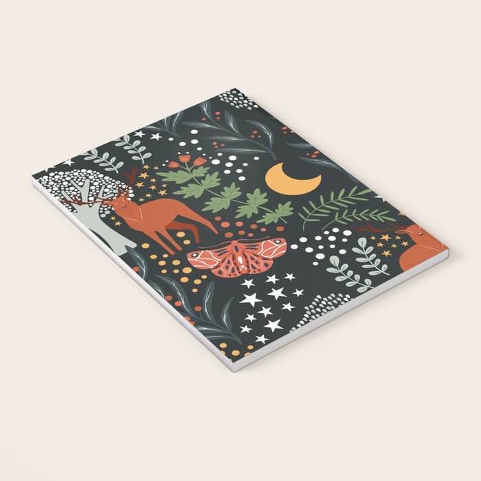 Full-Moon forest: Whimsical Woodland Nightscape with Deer and Moths Notebook Gallery Image 3