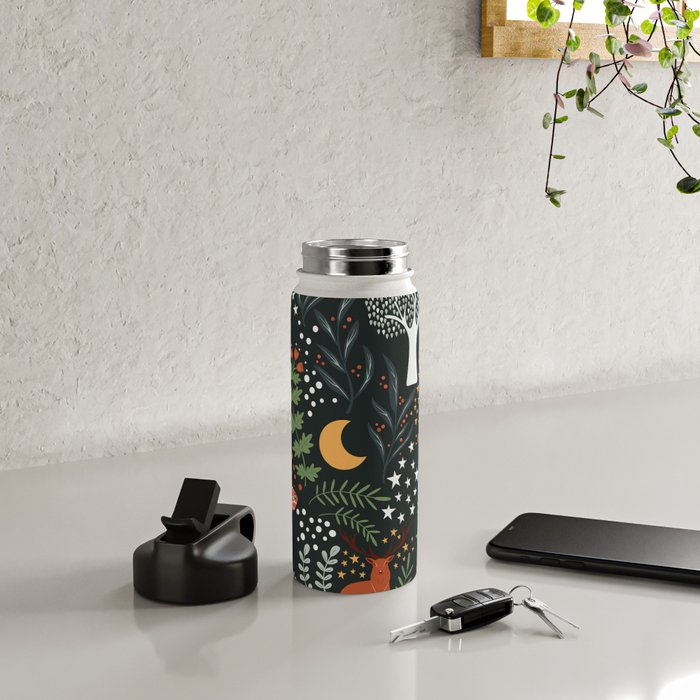 Full-Moon forest: Whimsical Woodland Nightscape with Deer and Moths Water Bottle Gallery Image 4