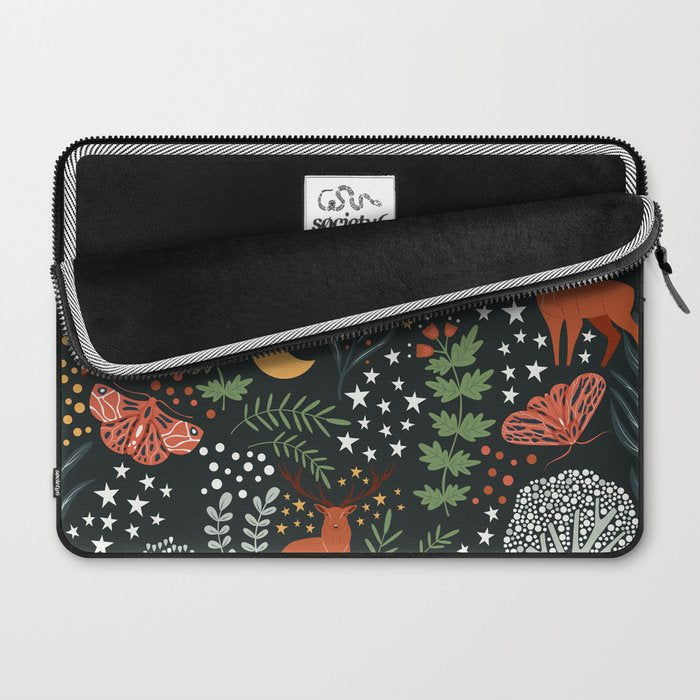 Full-Moon forest: Whimsical Woodland Nightscape with Deer and Moths Laptop Sleeve Gallery Image 2