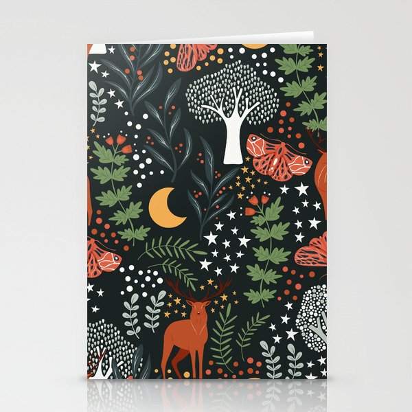 Full-Moon forest: Whimsical Woodland Nightscape with Deer and Moths Stationery Card Gallery Image 2