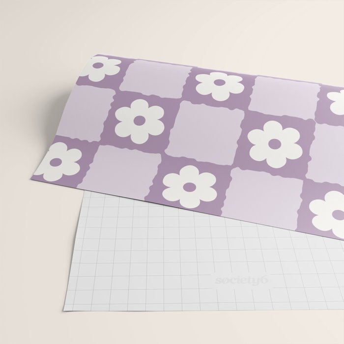Retro Daisy Flower Checker in Purple Wrapping Paper Gallery Image 2