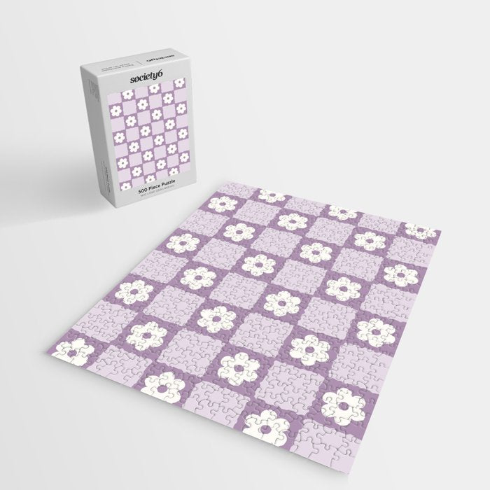 Retro Daisy Flower Checker in Purple Jigsaw Puzzle Gallery Image 2