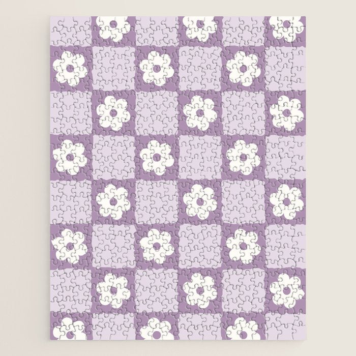 Retro Daisy Flower Checker in Purple Jigsaw Puzzle Gallery Image 1