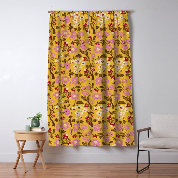 Chinoiserie Hand Drawn Florals On Yellow Window Curtain Gallery Image 1