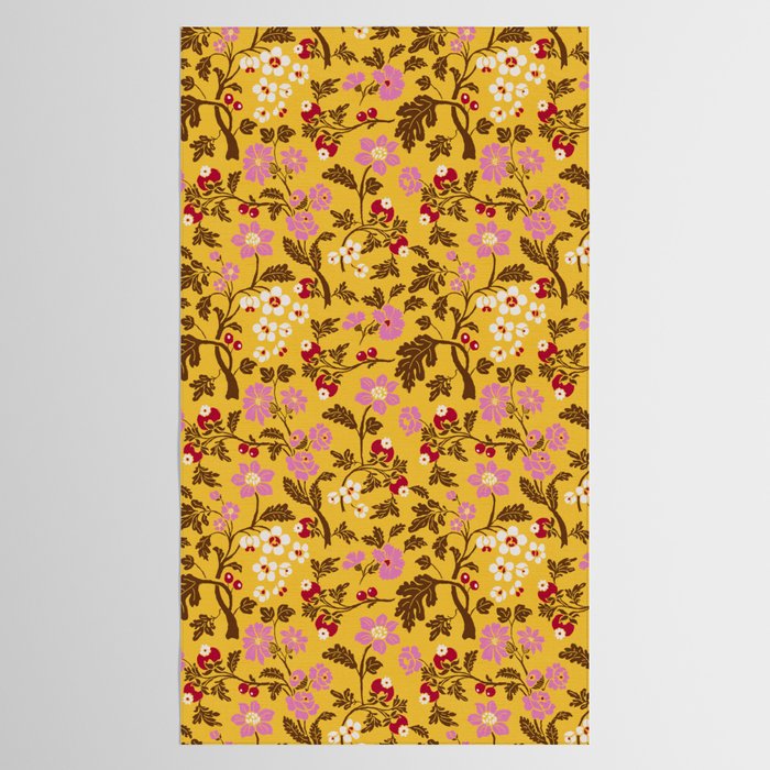 Chinoiserie Hand Drawn Florals On Yellow Tablecloth Gallery Image 2