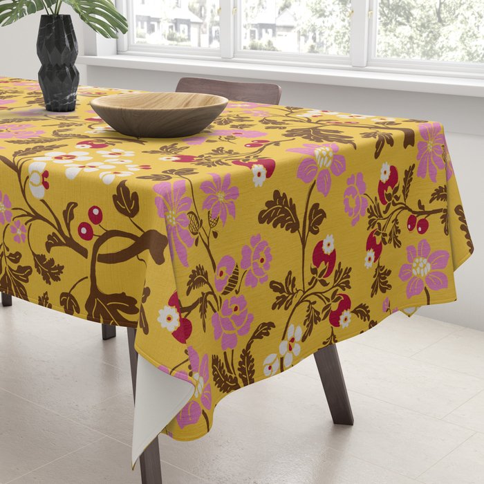Chinoiserie Hand Drawn Florals On Yellow Tablecloth Gallery Image 3