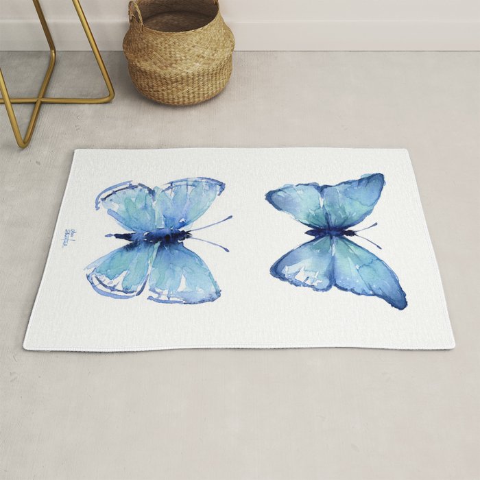 Two Blue Butterflies Watercolor Rug Gallery Image 1