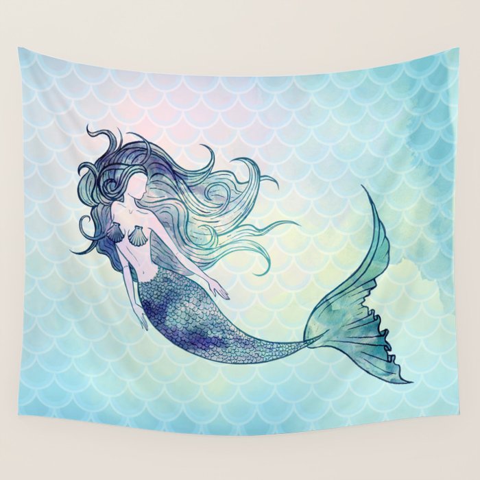 Watercolor Mermaid Wall Tapestry Gallery Image 4