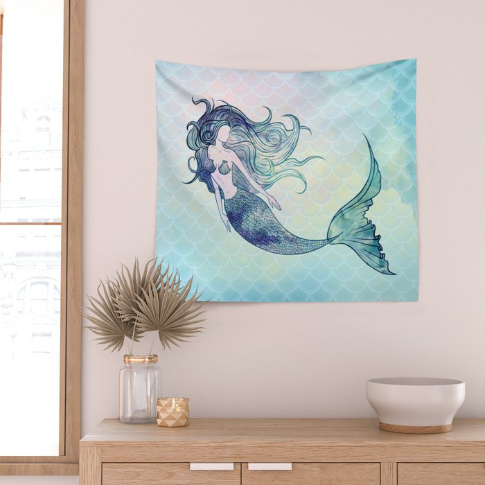 Watercolor Mermaid Wall Tapestry Gallery Image 2