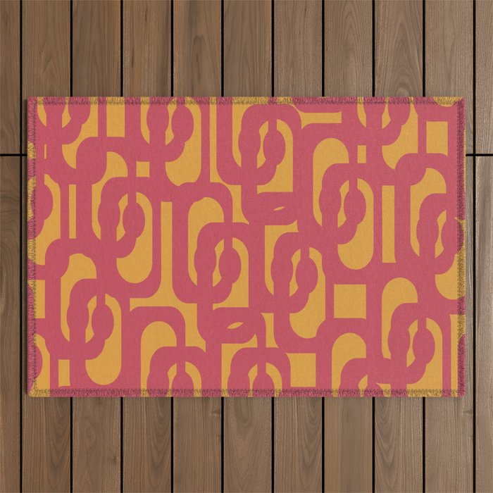Mid Century Modern Loop Pattern in Magenta and Mustard Outdoor Rug Gallery Image 1