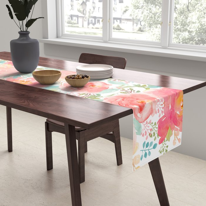 Pink Peonies Watercolor Pattern Table Runner Gallery Image 2