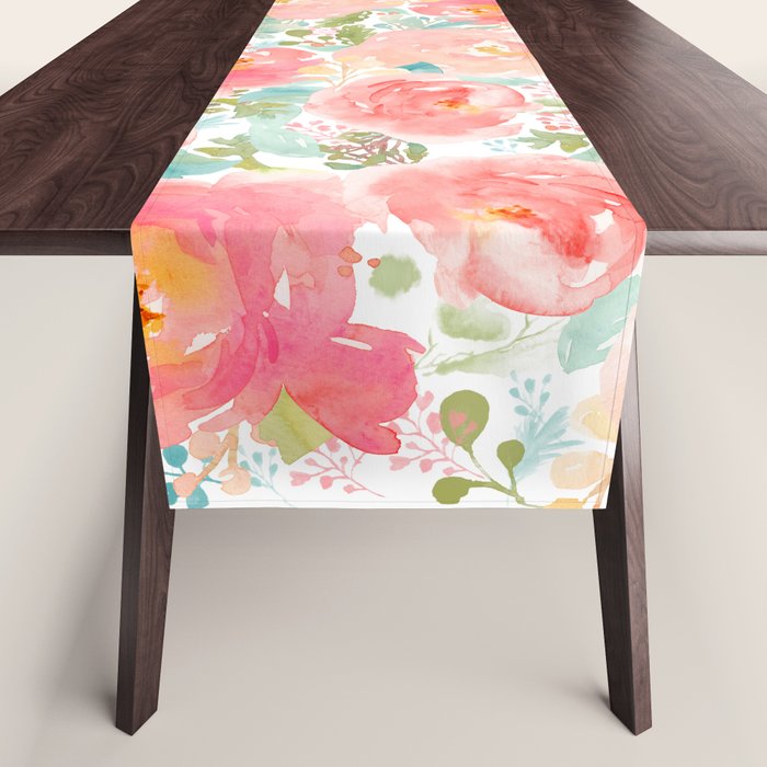 Pink Peonies Watercolor Pattern Table Runner Gallery Image 1