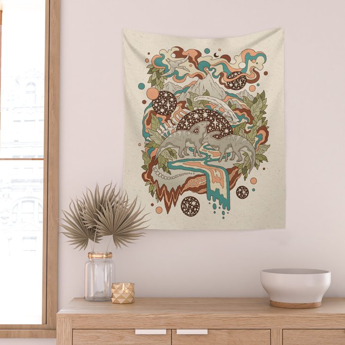 Lost Portal: Parasaurolophus | Retro Rainbow Palette | Dinosaur Science Fiction Art Wall Tapestry Gallery Image 2