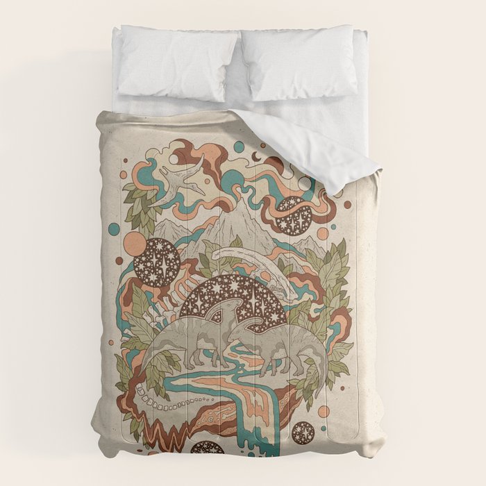 Lost Portal: Parasaurolophus | Retro Rainbow Palette | Dinosaur Science Fiction Art Comforter Gallery Image 1