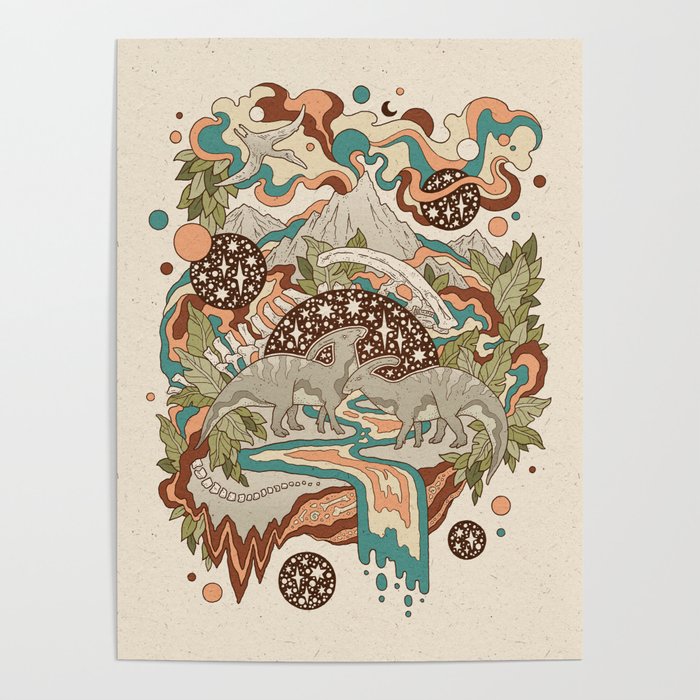 Lost Portal: Parasaurolophus | Retro Rainbow Palette | Dinosaur Science Fiction Art Poster Gallery Image 4