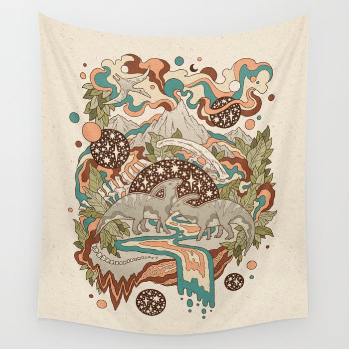 Lost Portal: Parasaurolophus | Retro Rainbow Palette | Dinosaur Science Fiction Art Wall Tapestry Gallery Image 4