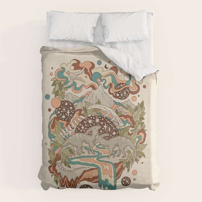 Lost Portal: Parasaurolophus | Retro Rainbow Palette | Dinosaur Science Fiction Art Duvet Cover Gallery Image 1