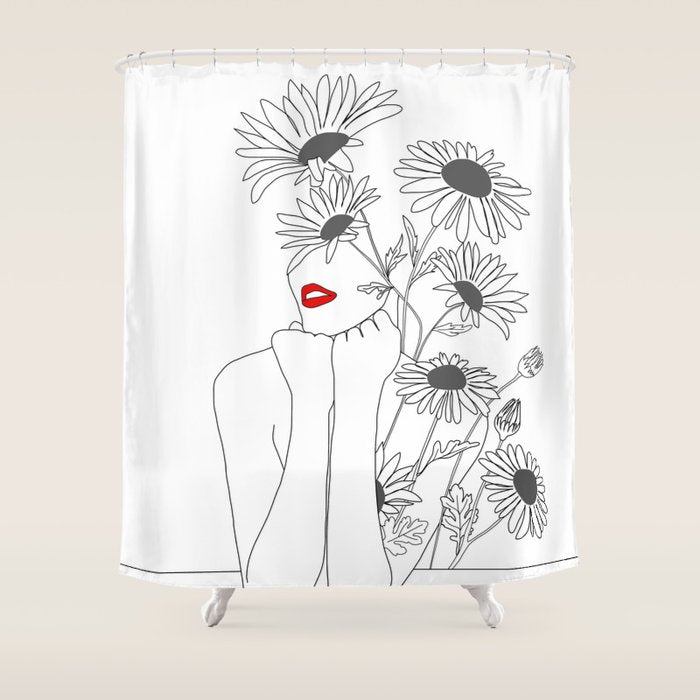 Minimal Line Art Girl with Sunflowers Shower Curtain Gallery Image 1