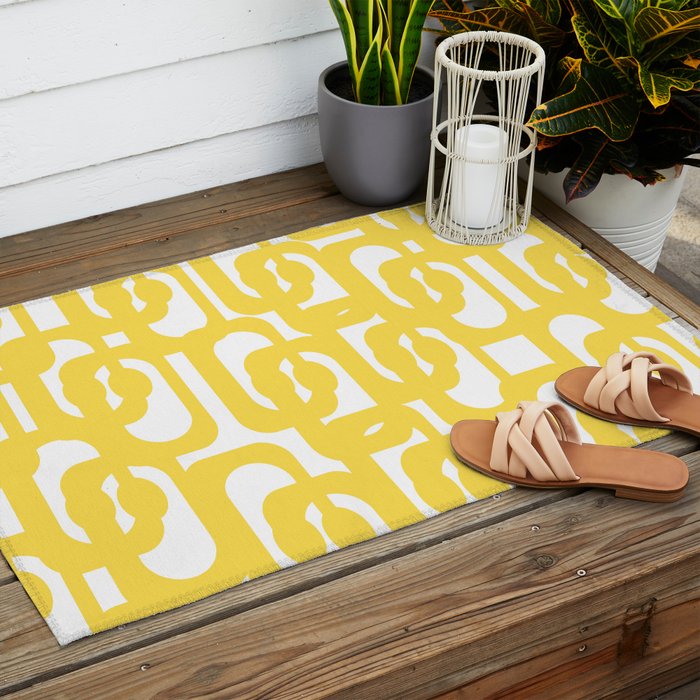 Mid Century Modern Loops Pattern in Yellow and White Outdoor Rug Gallery Image 2