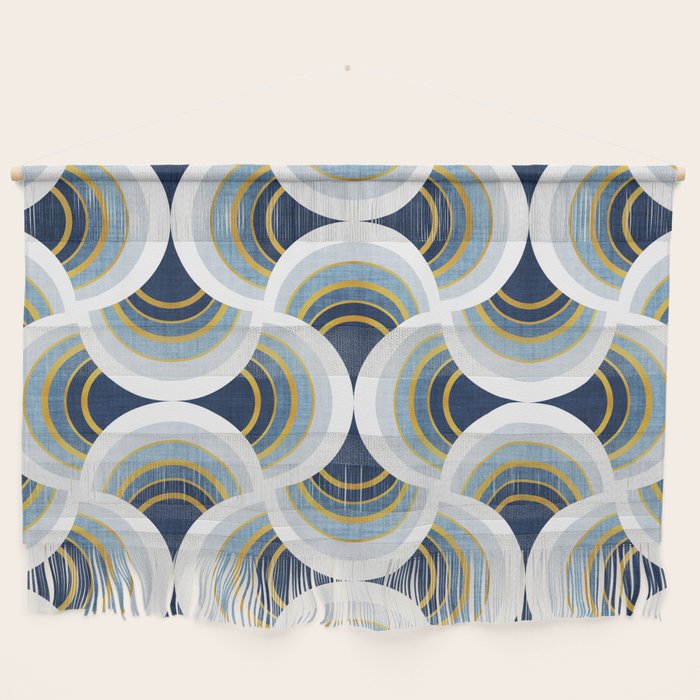 Art deco scallop elegance // blue geometric shapes golden textured lines Wall Hanging Gallery Image 1