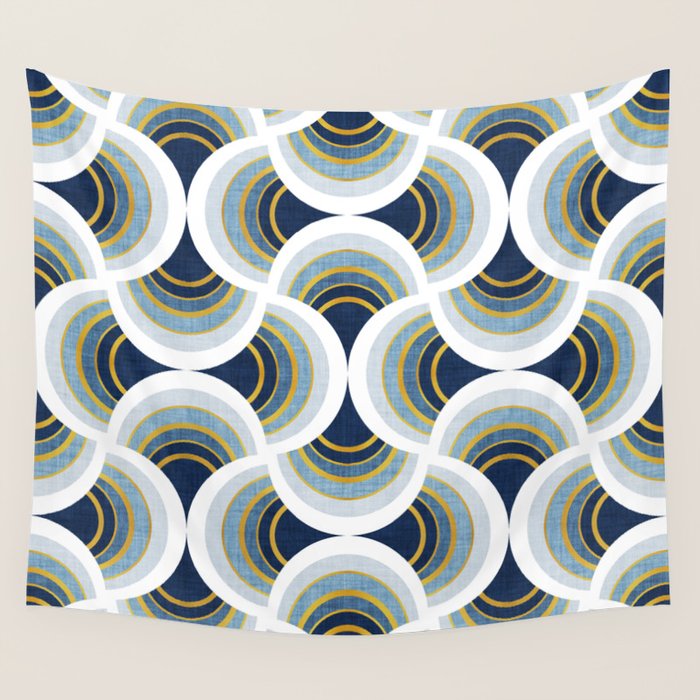 Art deco scallop elegance // blue geometric shapes golden textured lines Wall Tapestry Gallery Image 1