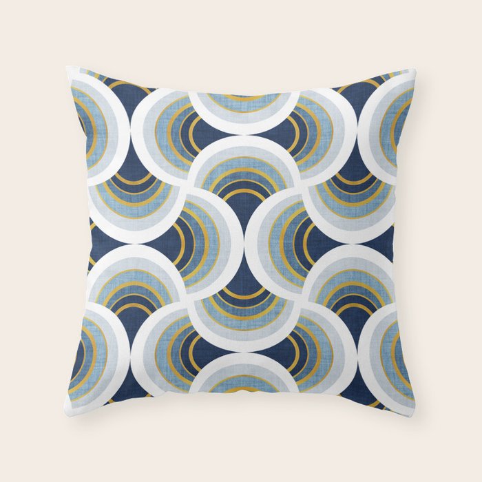 Art deco scallop elegance // blue geometric shapes golden textured lines Throw Pillow Gallery Image 6