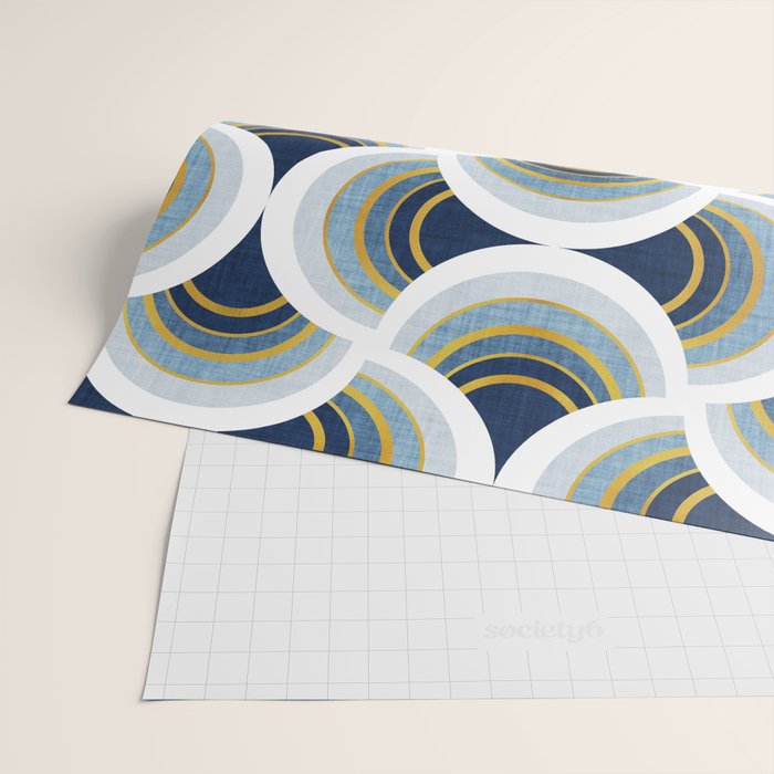 Art deco scallop elegance // blue geometric shapes golden textured lines Wrapping Paper Gallery Image 2