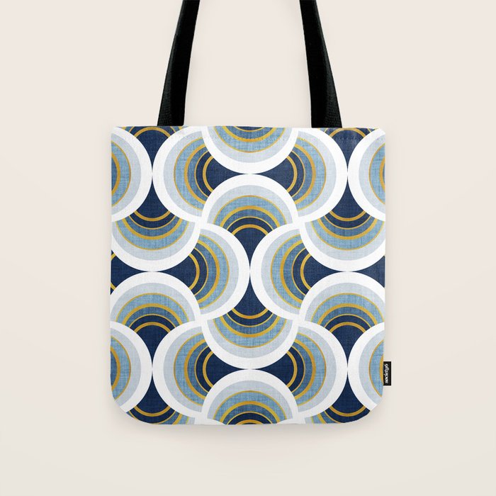 Art deco scallop elegance // blue geometric shapes golden textured lines Tote Bag Gallery Image 1