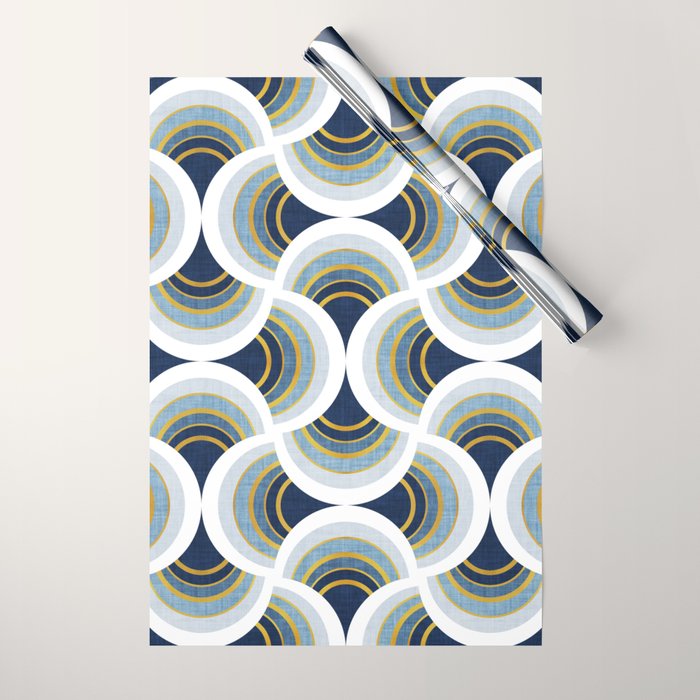 Art deco scallop elegance // blue geometric shapes golden textured lines Wrapping Paper Gallery Image 1