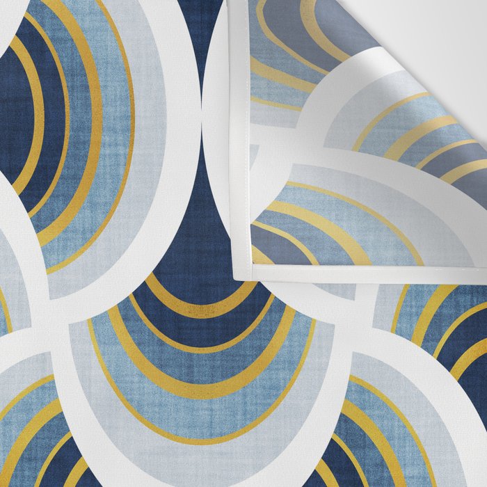 Art deco scallop elegance // blue geometric shapes golden textured lines Wall Tapestry Gallery Image 3