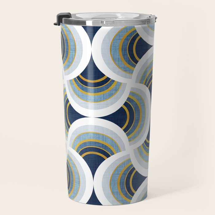 Art deco scallop elegance // blue geometric shapes golden textured lines Travel Mug Gallery Image 3
