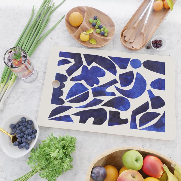 'Shattered Sky' Abstract Colorful Blue Paper Collage Minimal Mid Century Pattern by Ejaaz Haniff Cutting Board Gallery Image 2