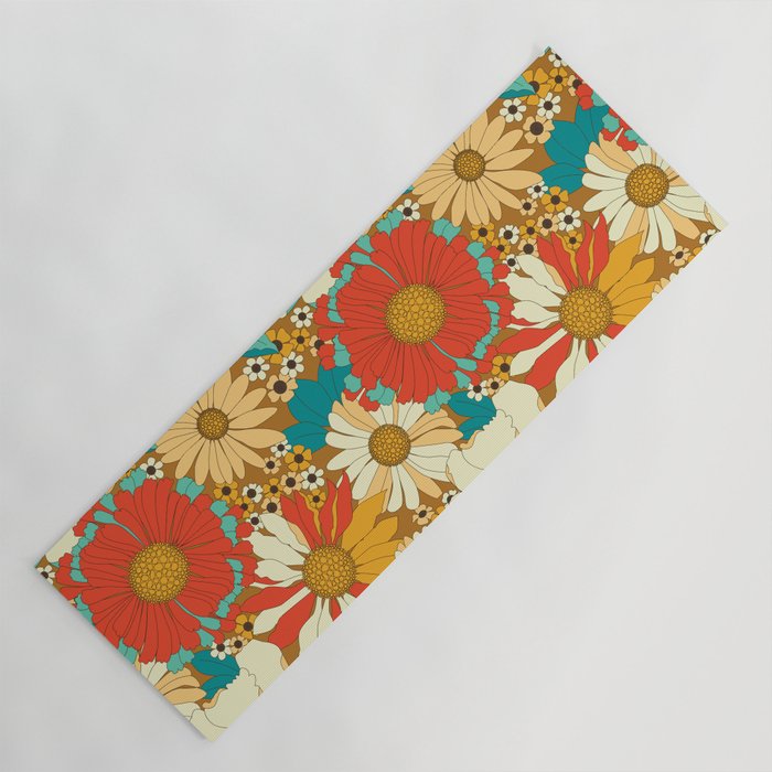 Red, Orange, Turquoise and Brown Retro Floral Pattern Yoga Mat Gallery Image 1