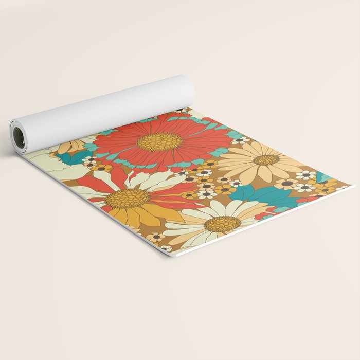 Red, Orange, Turquoise and Brown Retro Floral Pattern Yoga Mat Gallery Image 2