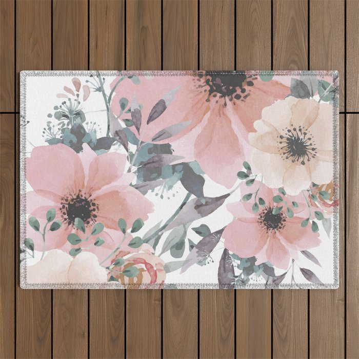 Watercolor, Blush Pink and Peach, Floral Prints Outdoor Rug Gallery Image 1
