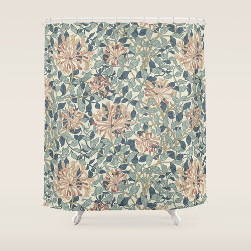 William Morris Vintage Honeysuckle Aqua Shower Curtain