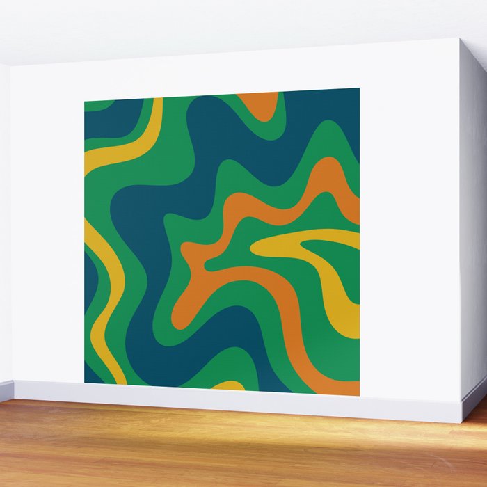 Retro Liquid Swirl Abstract Pattern in 70s Green, Blue, Orange, Yellow Wall Mural Gallery Image 2