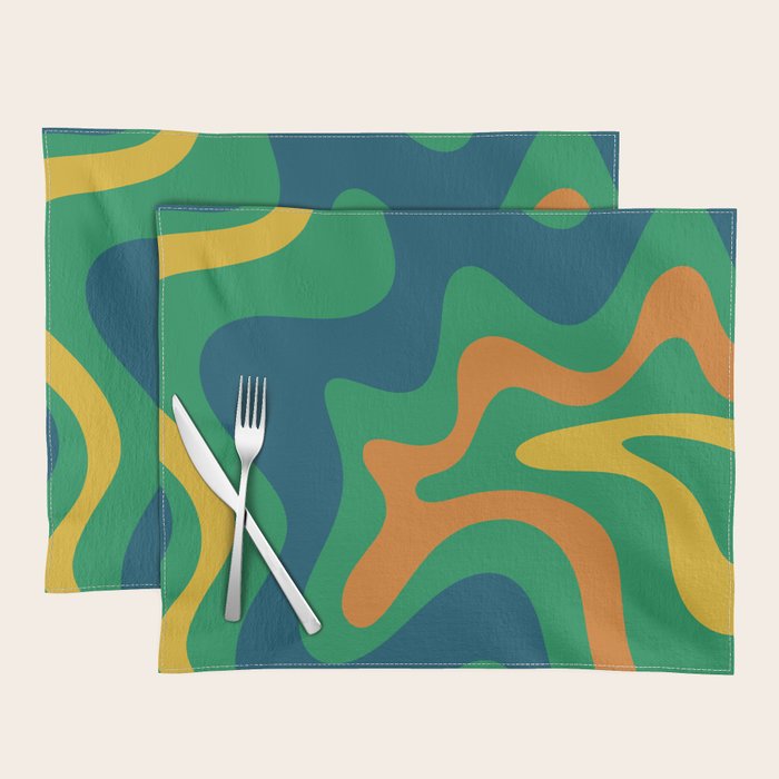 Retro Liquid Swirl Abstract Pattern in 70s Green, Blue, Orange, Yellow Placemat Gallery Image 1
