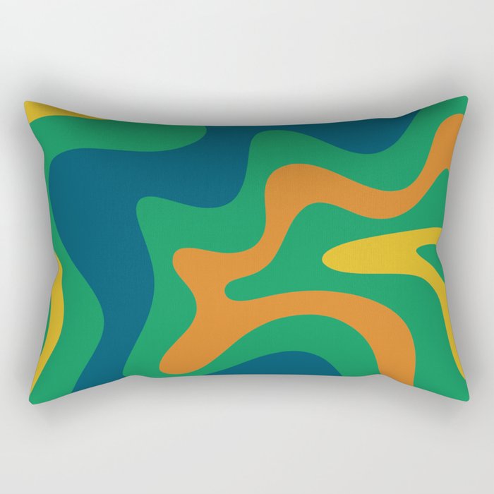 Retro Liquid Swirl Abstract Pattern in 70s Green, Blue, Orange, Yellow Rectangular Pillow Gallery Image 1