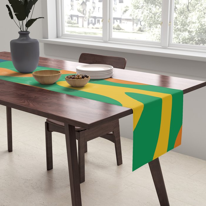 Retro Liquid Swirl Abstract Pattern in 70s Green, Blue, Orange, Yellow Table Runner Gallery Image 2