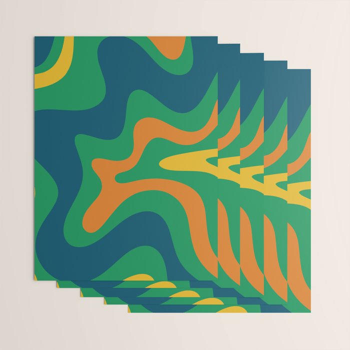 Retro Liquid Swirl Abstract Pattern in 70s Green, Blue, Orange, Yellow Wrapping Paper Gallery Image 3
