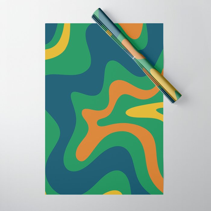 Retro Liquid Swirl Abstract Pattern in 70s Green, Blue, Orange, Yellow Wrapping Paper Gallery Image 1