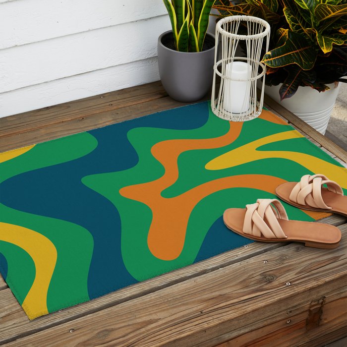 Retro Liquid Swirl Abstract Pattern in 70s Green, Blue, Orange, Yellow Outdoor Rug Gallery Image 2