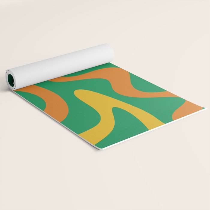 Retro Liquid Swirl Abstract Pattern in 70s Green, Blue, Orange, Yellow Yoga Mat Gallery Image 2