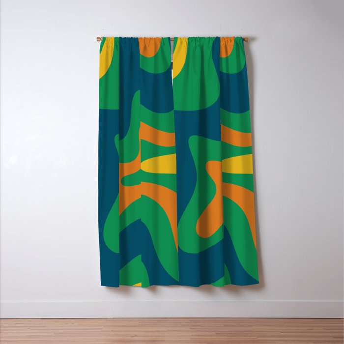 Retro Liquid Swirl Abstract Pattern in 70s Green, Blue, Orange, Yellow Window Curtain Gallery Image 3
